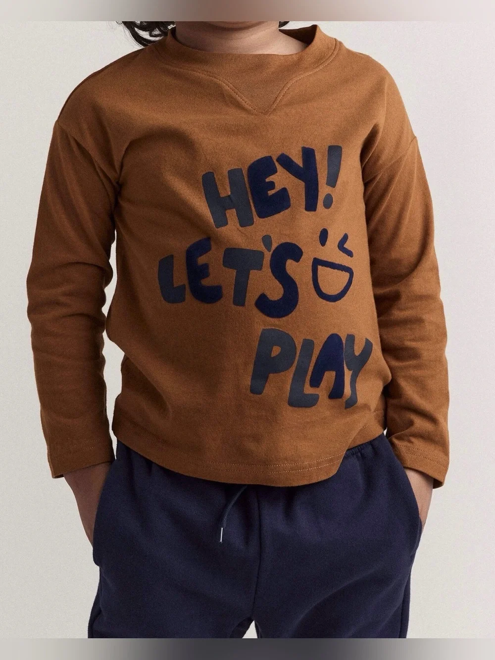Kids' Brown Long-Sleeve 'Hey! Let's Play' Graphic Tee